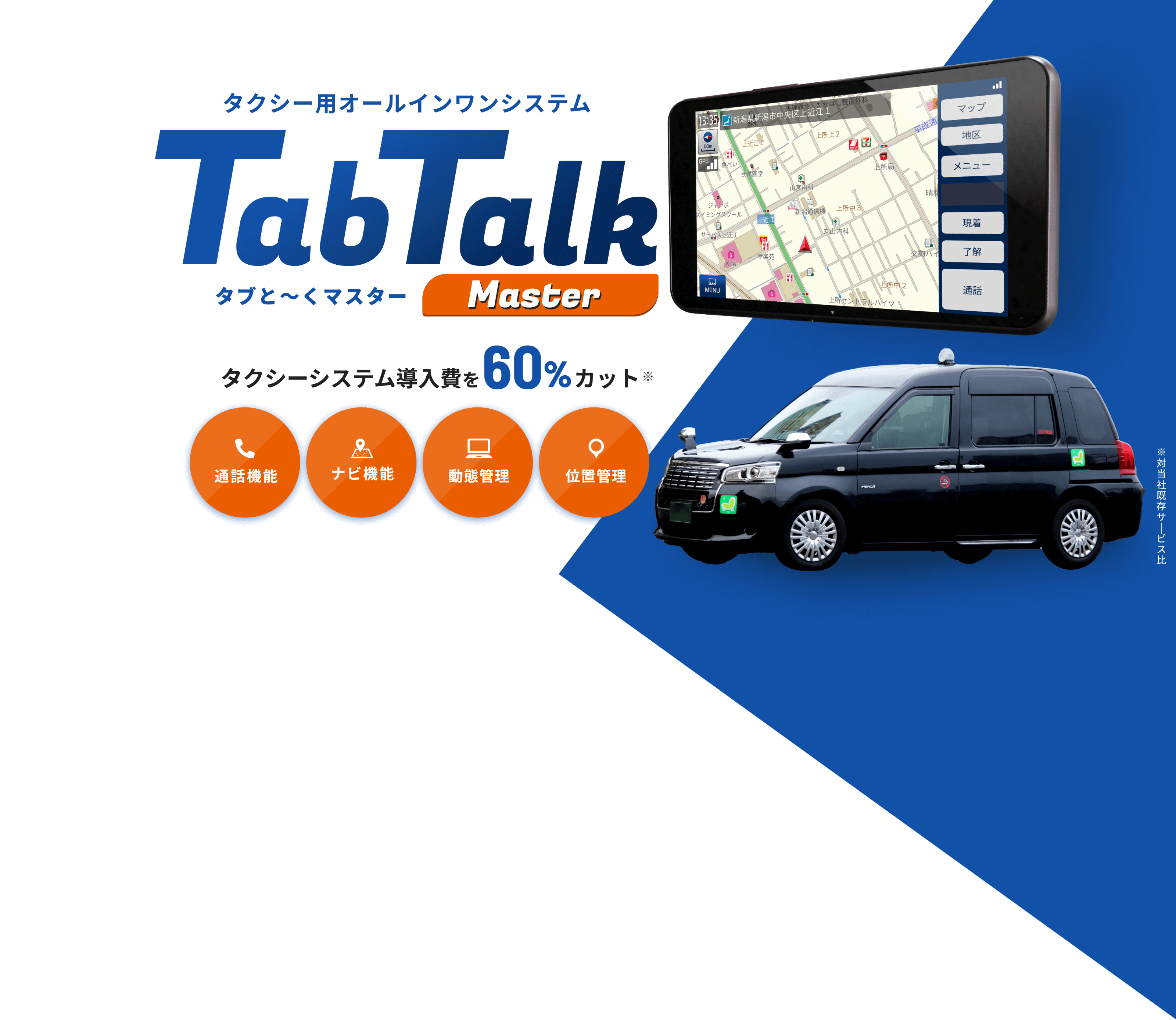 タクシー用オールインワンシステム TabTalk Master (タブと～くマスター)　タクシーシステム導入費を60%カット 通話機能・ナビ機能・動態管理・位置管理